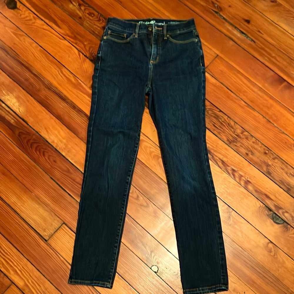 Eddie Bauer slightly curvy high rise slim straight dark blue jeans